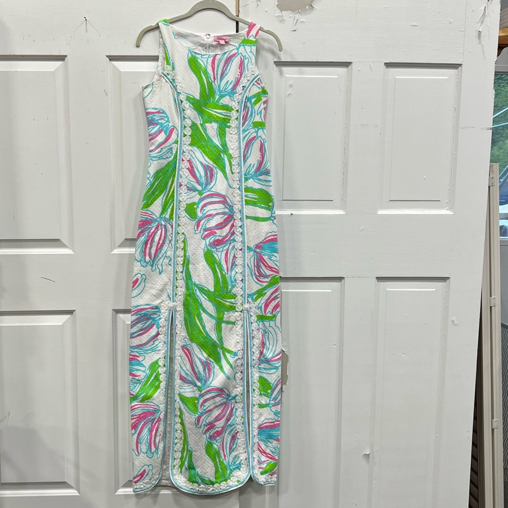 Lilly Pulitzer White Maxi Dress with Pink & Green Floral Print